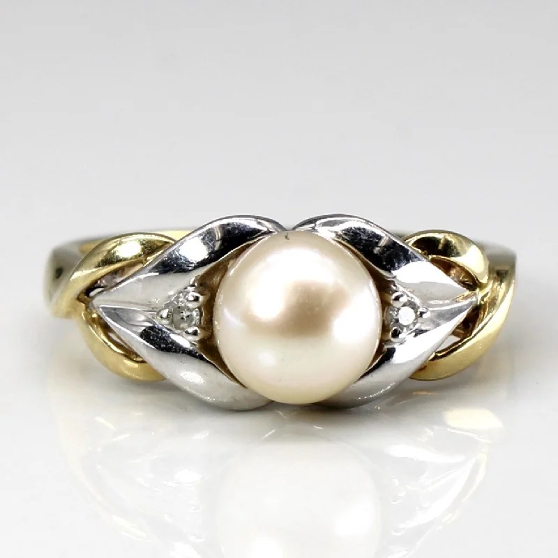 Two Tone Gold Pearl & Diamond Ring | 0.02ctw | SZ 7 |