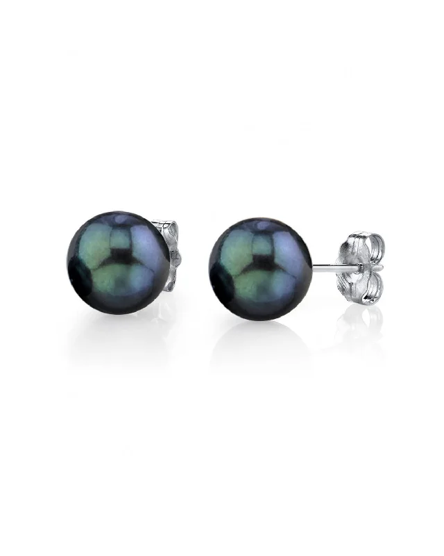 Black Akoya Round Pearl Stud Earrings, 7.5-8.0mm