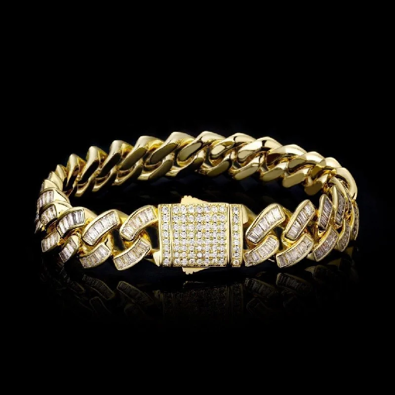 16mm Baguette CZ Mens Cuban Link Bracelet in 14K Gold