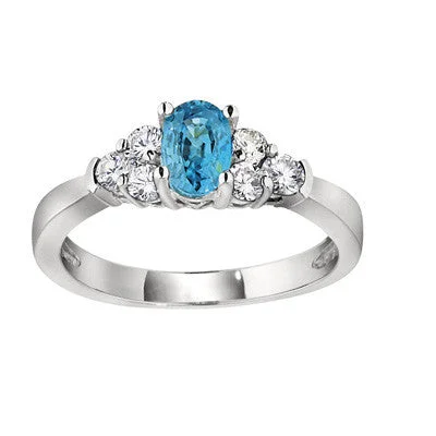 Blue Zircon and Three Stone Diamond Ring