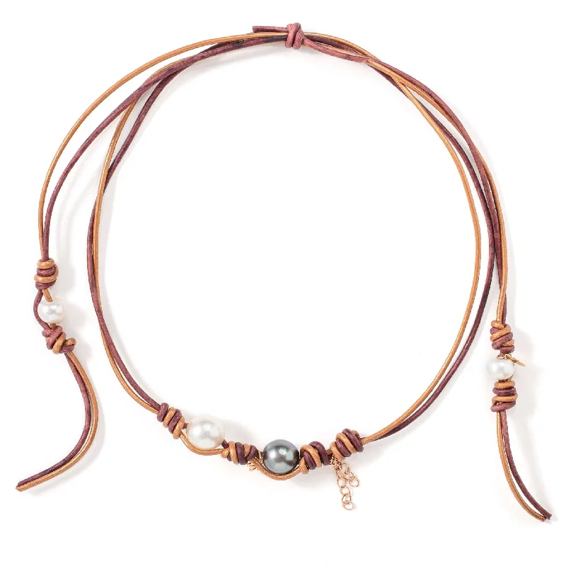 Santorini Sunset South Sea Rocker Pearl Rose Gold Flower Chain Leather Necklace