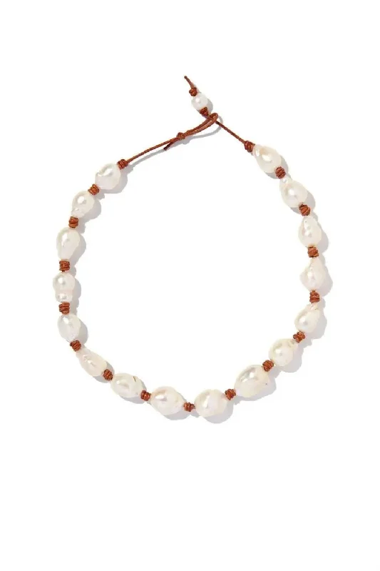 Knotted Baroque Pearl Leather Necklace