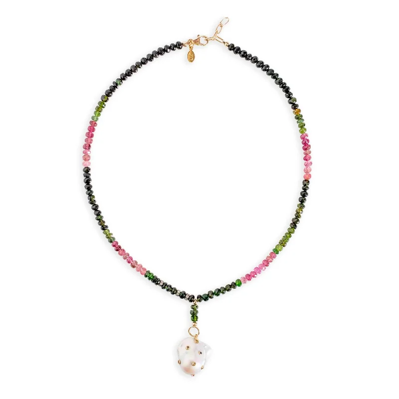 Watermelon Tourmaline Sapphire Baroque Pearl Drop Necklace