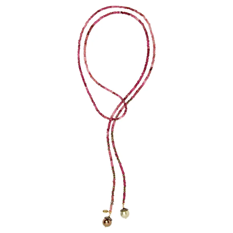 Pink Tourmaline and Golden Peacock Tahitian Pearl Classic Gemstone Lariat