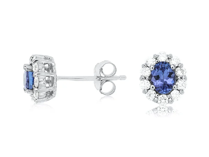 Oval Tanzanite and Diamond Halo Stud Earrings