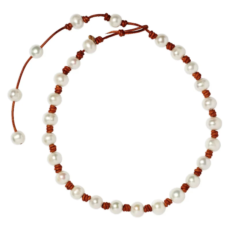 Large Classic Knotted Pearl and Leather Necklace w/ Tail