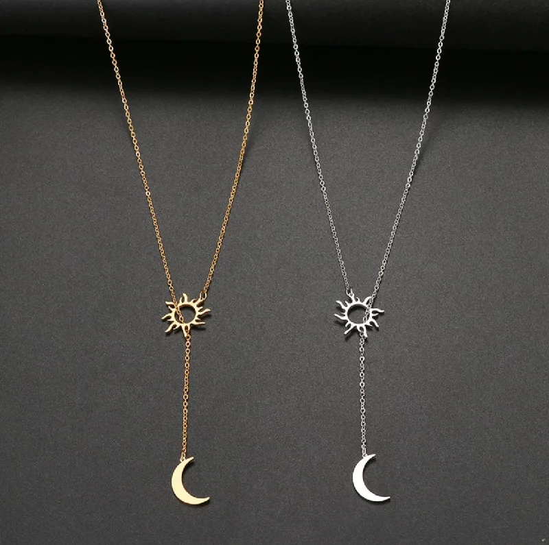 Stainless Steel Silver or Gold Sun and Moon Necklace