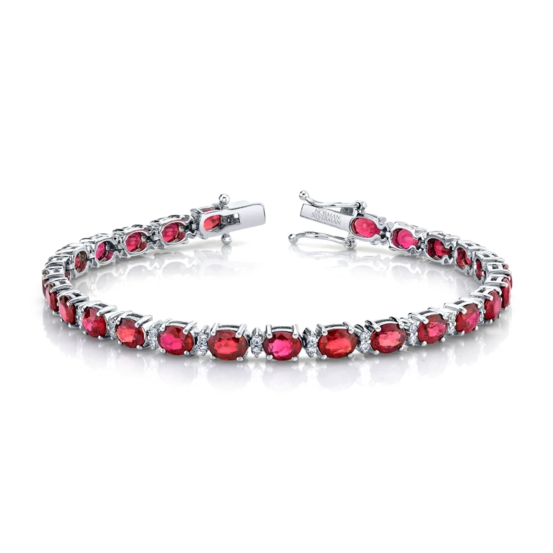 Oval Shape Ruby and Round Brilliant Straight Line Bracelet