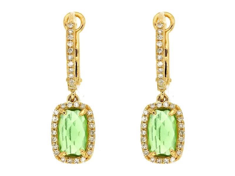 Cushion Peridot and Diamond Halo Dangle Earrings