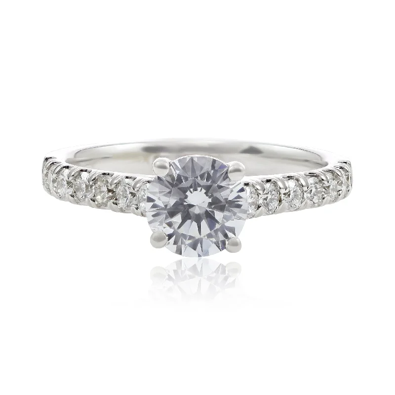 14K WHITE GOLD SHARED PRONG ENGAGEMENT RING MOUNTING WITH DIAMONDS ON BAND (SETTING ONLY)