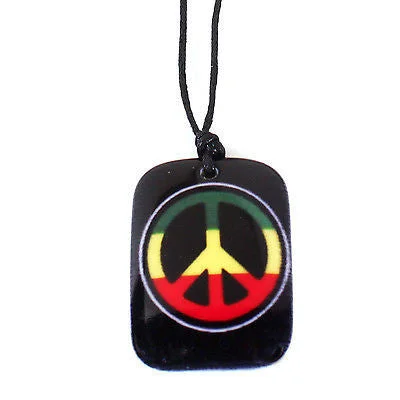 Black Cord Necklace Reggae Vibes Dog Tag Peace Rasta Peace Sign Pendant 1SZ FIt