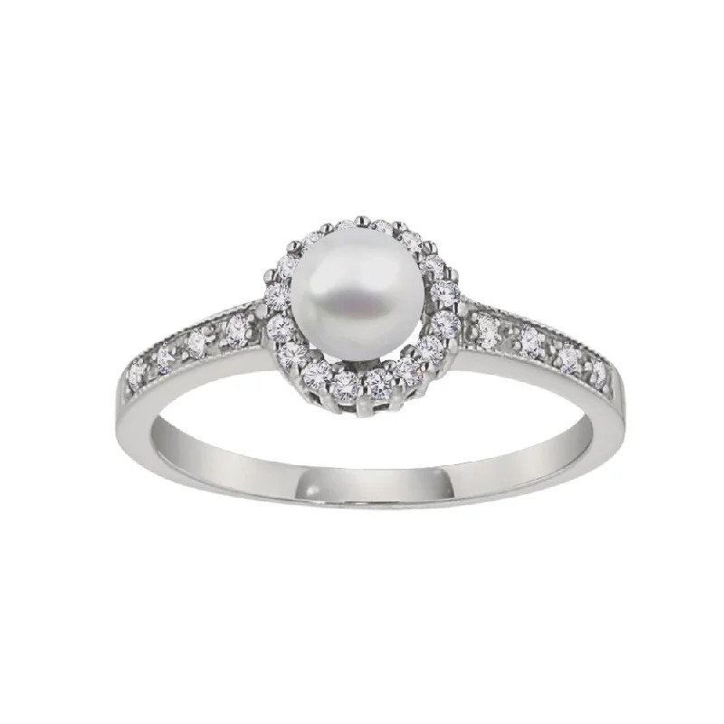 Cultured Pearl and Diamond Halo Ring Small