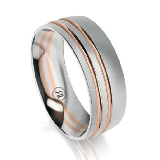 The Ludlow White Gold & Rose Gold Offset Grooved Wedding Ring