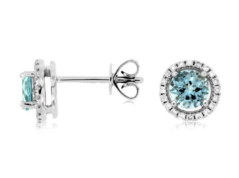 Aquamarine and Diamond Halo Stud Earrings