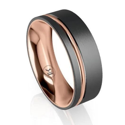 The Lewis Black Zirconium & Gold Inner Sleeve and Striped Comfort Fit Wedding Ring